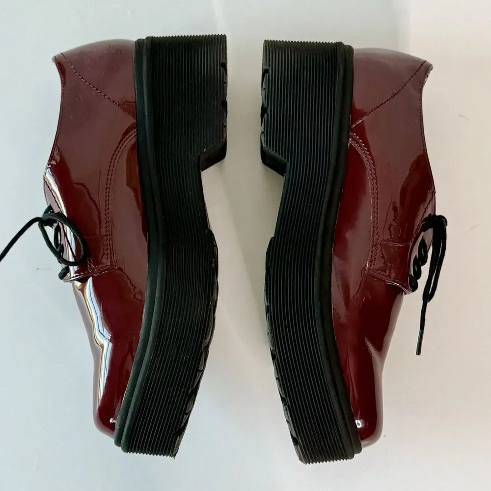 Forever 21 Women Oxford Sz 8 Burgundy Red Faux Patent Leather Lace Chunky Shoes